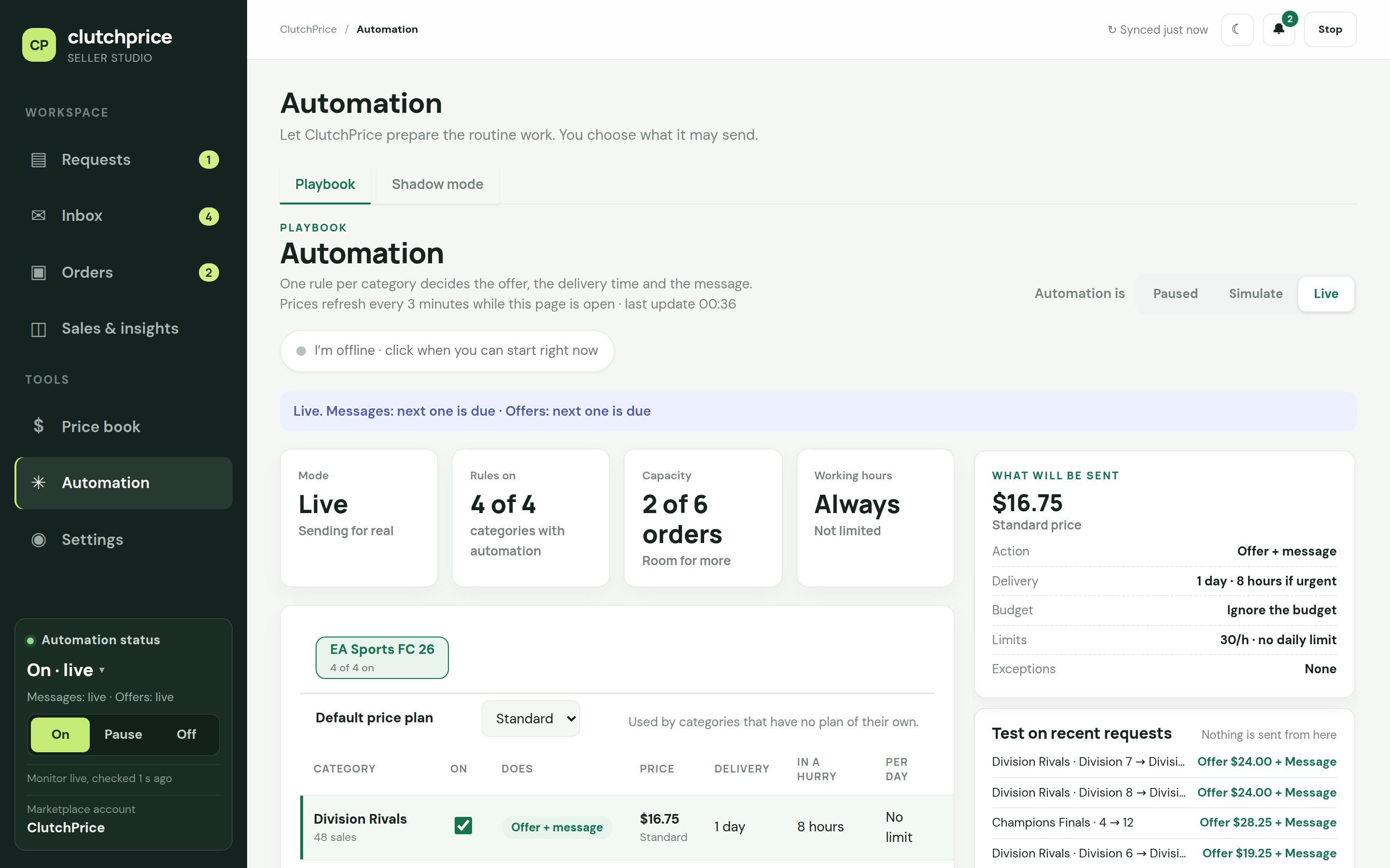 ClutchPrice automation rules for offers and messages