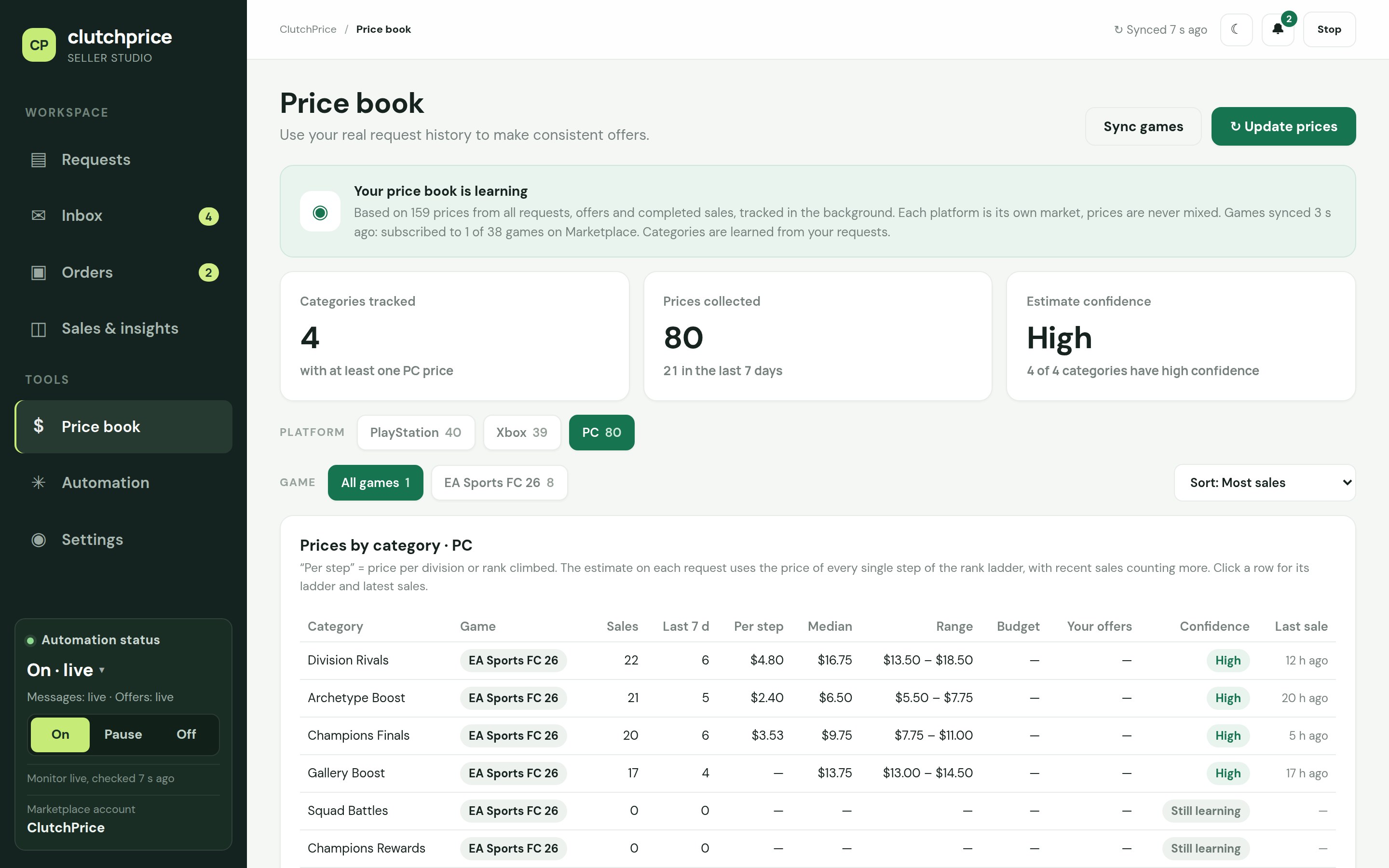 ClutchPrice price book with prices by category and confidence